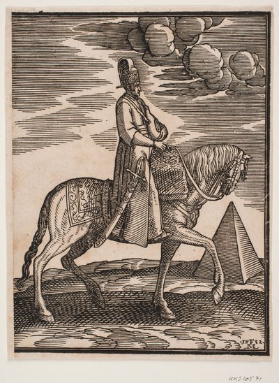 Cavalier avec une flasque autour du cou, profil vers la droite; une épée à son côté droit et des bagages devant lui, drapés sur la selle; à droite, en arrière-plan, une pyramide - Melchior Lorck