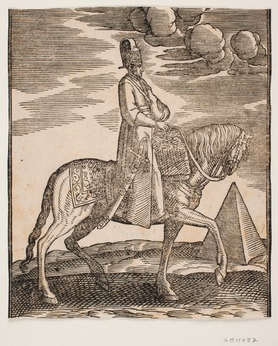 Cavalier avec une flasque autour du cou, profil vers la droite; une épée à son côté droit et des bagages devant lui, drapés sur la selle; à droite, en arrière-plan, une pyramide - Melchior Lorck