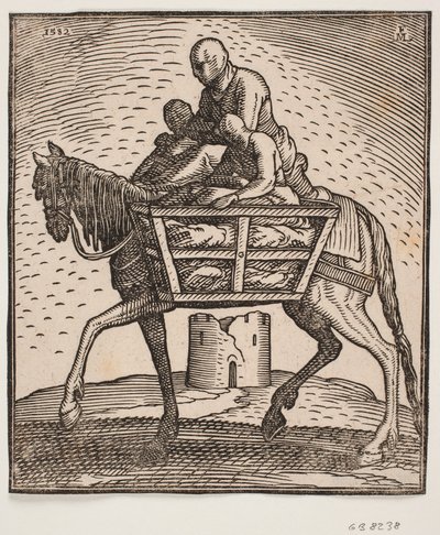 Cavalier avec capuche tirée sur le visage; de chaque côté du cheval une cage à barreaux contenant une personne; profil vers la gauche; sous le cheval, une tour cylindrique en ruine - Melchior Lorck