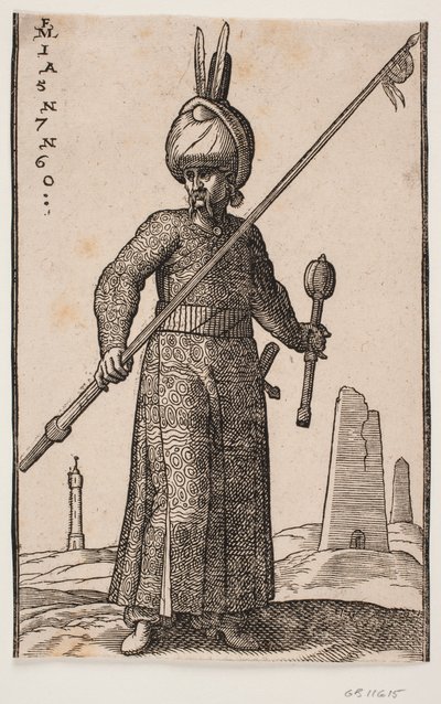 Soldat debout, vu de face; dans sa main droite, une lance avec un fanion à la pointe; dans sa main gauche, une massue; sur sa tête, un turban avec deux plumes; dans le paysage, un "phare" et quelques bâtiments en forme d