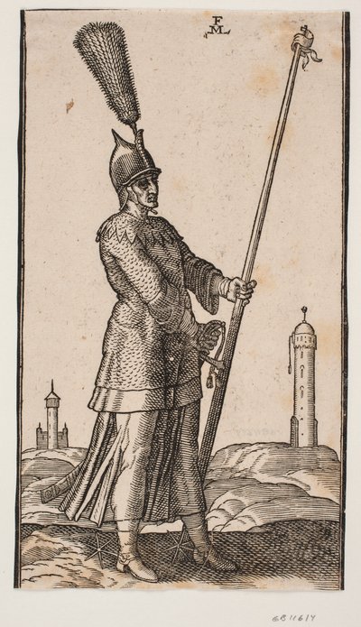 Soldat debout ; tourné vers la droite ; sur sa tête, il porte un casque avec une grande plume ; dans sa main gauche, il tient une lance avec un fanion à la pointe ; sa main droite repose sur la garde d
