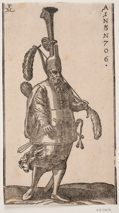 Soldat debout, tourné vers la droite; coiffure avec une très haute plume droite; dans la main gauche, un arc avec de grandes plumes aux deux extrémités; dans la main droite, une flèche; sur son dos, un carquois et à son côté, une épée - Melchior Lorck