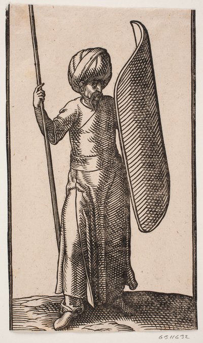 Soldat en turban debout, vu de face; dans sa main droite, une lance; sur son bras gauche, un bouclier courbé - Melchior Lorck