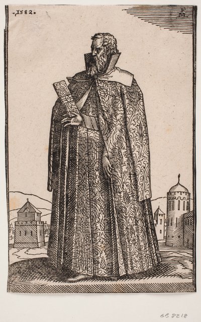 Ambassadeur debout en costume européen (vénitien ?), profil 3/4 vers la gauche ; tenant un étui à lettres dans la main droite - Melchior Lorck