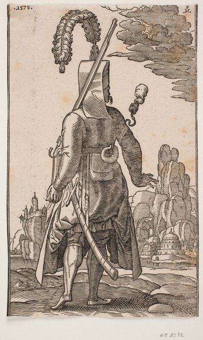 Janissaire debout vu de dos, coiffure à plumes, fusil à l