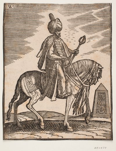 Cavalier en turban avec une épée à sa droite et une massue de guerre dans sa main gauche, profil vers la droite; en arrière-plan, un obélisque - Melchior Lorck