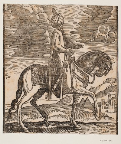 Cavalier en turban, avec une épée à son côté droit, profil vers la droite ; entre les pattes avant du cheval, deux pyramides apparaissent - Melchior Lorck