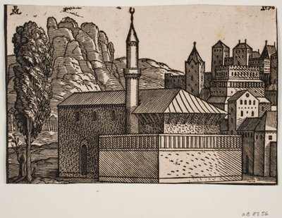 Mosquée non identifiée avec 1 minaret, à gauche un grand arbre - Melchior Lorck