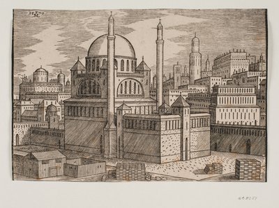 Mosquée non identifiée avec 2 minarets, vue du nord-est; au premier plan, chantier avec des pierres empilées - Melchior Lorck