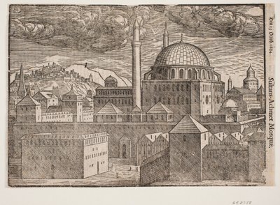 Mosquée non identifiée avec 2 minarets, vue du sud-est; à gauche, montagne avec ville fortifiée - Melchior Lorck