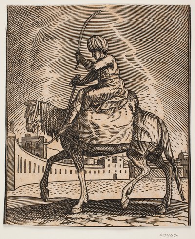 Cavalier désarmé sur un cheval porteur, vu de profil vers la gauche, situé sur une place semi-circulaire ouverte; il est monté sur un sac et tient une badine levée dans sa main - Melchior Lorck