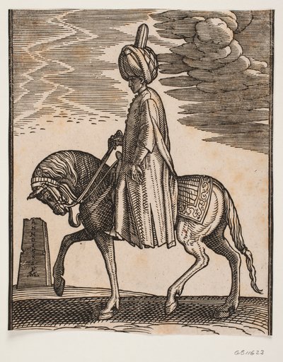 Cavalier sans arme portant un turban, profil vers la gauche; devant le cheval, un obélisque en ruines - Melchior Lorck
