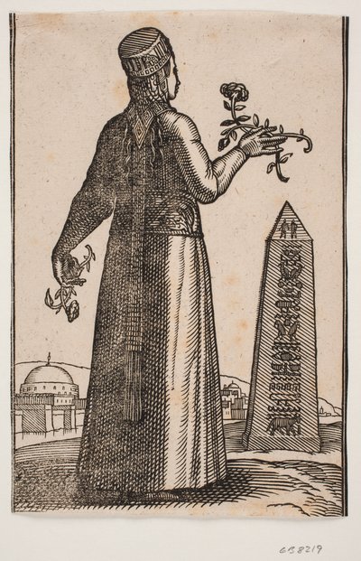 Femme non voilée vue de dos; tenant une branche de rose en fleur dans chaque main - Melchior Lorck