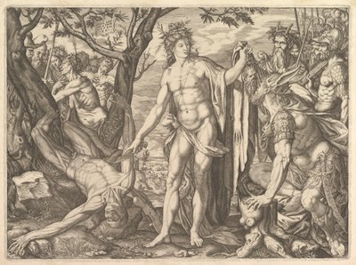 Apollon et Marsyas et le Jugement de Midas : à droite Midas avec les oreilles d