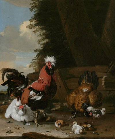 Un coq Bantam avec des poules et des poussins dans une cour de ferme - Melchior de Hondecoeter