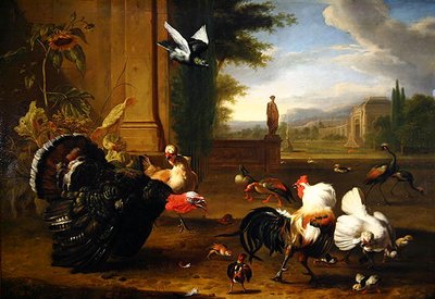 Un dindon, coq et coq et autres volailles exotiques dans un parc - Melchior de Hondecoeter