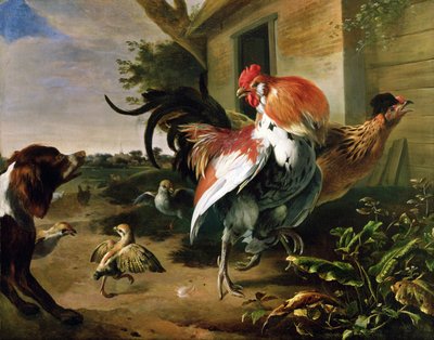 Volaille et épagneul dans une cour de ferme - Melchior de Hondecoeter