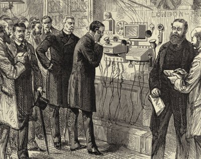 Ouverture de la ligne téléphonique anglo-anglaise. La première conversation téléphonique de Londres à Paris au General Post Office, Londres. Des instruments Bell ont été utilisés à Londres. Gravure sur bois Paris 28 mars 1891. Gravure. - Melton (after) Prior