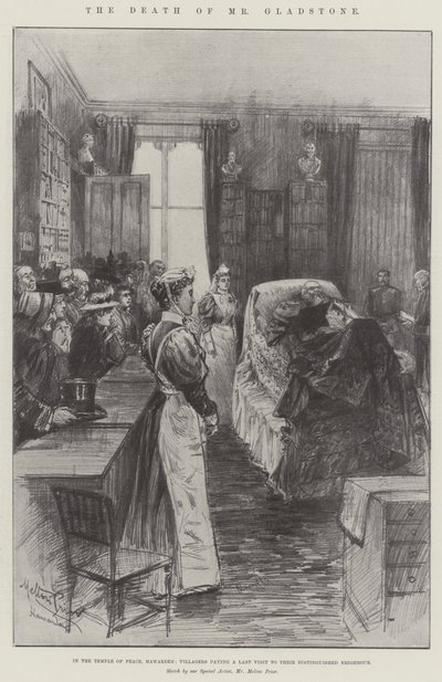 La mort de M. Gladstone, dans le Temple de la Paix, Hawarden, les villageois rendant une dernière visite à leur voisin distingué - Melton Prior