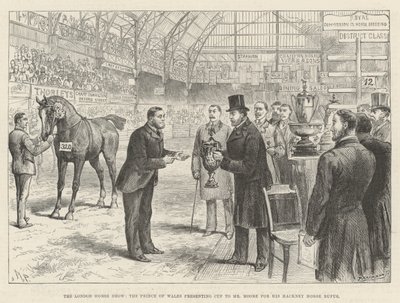 Le salon du cheval de Londres, le prince de Galles remettant la coupe à M. Moore pour son cheval Hackney Rufus - Melton Prior