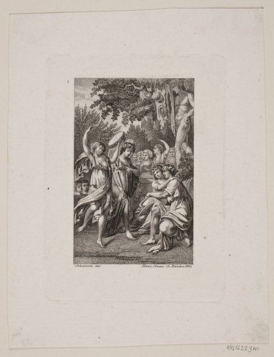 Illustration avec des personnes en tenue antique faisant la fête dans un jardin - Meno Haas