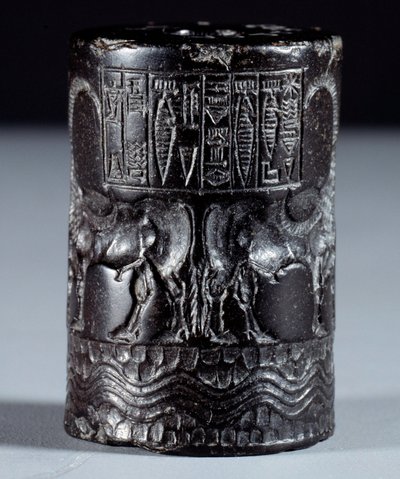 Mésopotamie : sceau cylindrique en marbre noir au nom du divin Sharkali-Sharri - Mesopotamian Mesopotamian