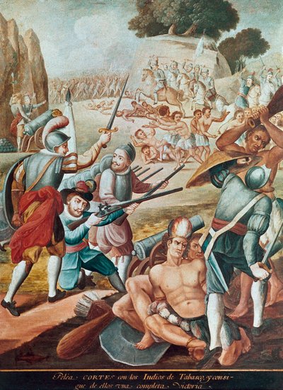 Conquête du Mexique : combat opposant Hernando Cortes aux indiens de Tabasco en 1519 - Mexican School