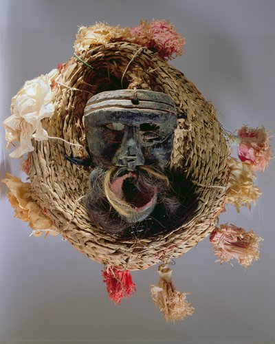Masque de costume pour la célébration du festival annuel mexicain de Guelaguetza (bois, paille tressée et papier) - Mexican School
