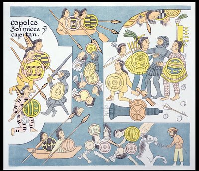 Bataille finale entre Hernando Cortés et Cuauhtémoc à Tenochtitlan, août 1521, illustration d