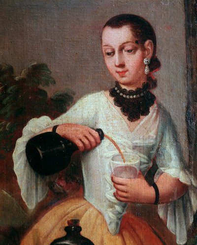 Dame versant du vin dans un verre (détail) - Mexican School