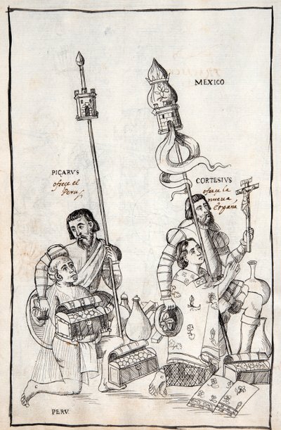 MS Hunter 242 f.248v Picarus (Pizarro) présente le Pérou et Cortesius (Cortés) la Nouvelle-Espagne, illustration de l