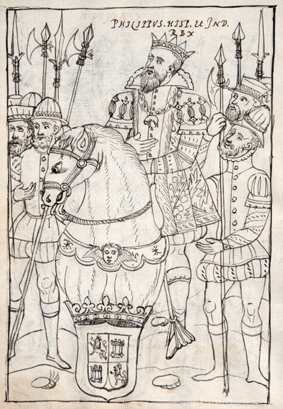 MS Hunter 242 f.249v Philippe II à cheval, portant l