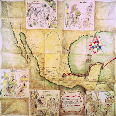 Carte de la route suivie par Hernando Cortes (1485-1547) lors de la conquête du Mexique - Mexican School