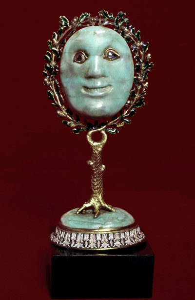 Art mexicain : masque facial en pâte de turquoise avec des yeux en diamant. 17ème siècle Florence, museo degli argenti - Mexican School