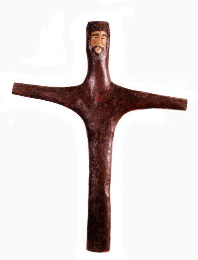 Art mexicain : croix en bois polychrome avec tête du Christ - Mexican School