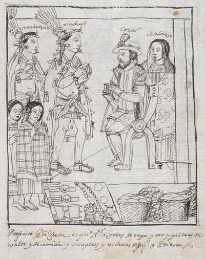 Montezuma rencontre Cortez, de Historia de Tlaxcala par Diego Muñoz Camargo - Mexican School
