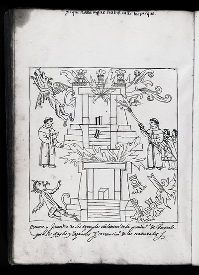 Ms Hunter 242 f.240v Franciscains brûlant des temples, illustration de Historia de Tlaxcala par Diego Munoz Camargo - Mexican School