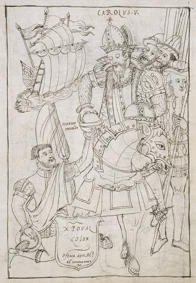Christophe Colomb (1451-1506) offre symboliquement le Nouveau Monde à Charles V (1500-08), de Historia de Tlaxcala par Diego Muñoz Camargo - Mexican School