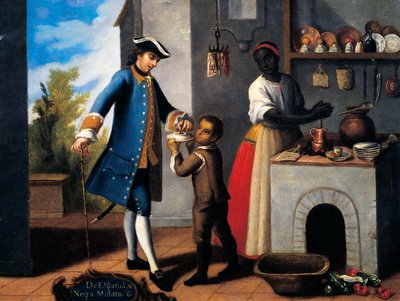 Homme espagnol blanc, femme noire et fils métis (mulâtre), Peinture sur le thème du métissage - Mexican School