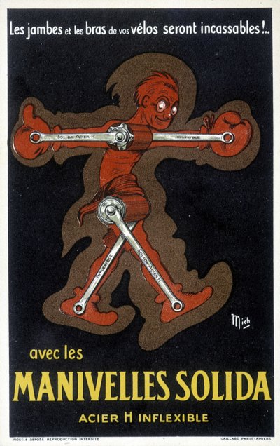 Publicité pour des manivelles de vélo en acier massif. Dessin de Mich (Michel Liebeaux) - Mich
