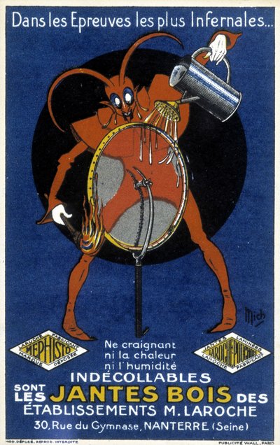 Diable rouge devant une roue de vélo illustrant une publicité pour les jantes en bois des établissements Laroche (Nanterre) (gravure) - Mich