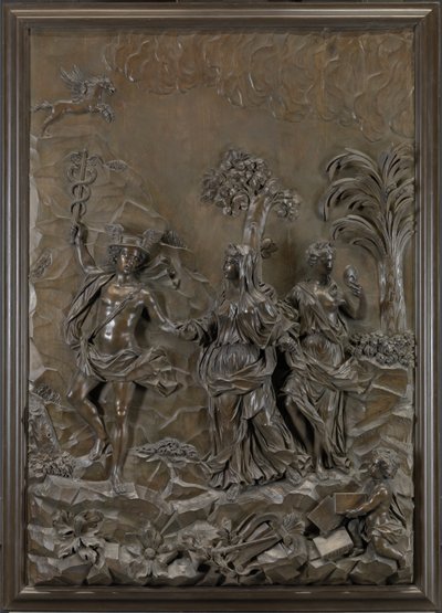 Les Reliefs de Stowe : Mercure conduisant la Poésie Tragique et Comique à la Colline de Parnasse, c.1740 (bois de tilleul bronzé) - Michael (attr.to) Chuke