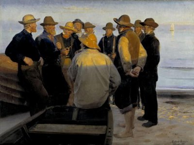 Pêcheurs au bord de la mer un soir d