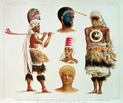 Divers costumes de danse portés à Nakello, Fidji, illustration de 