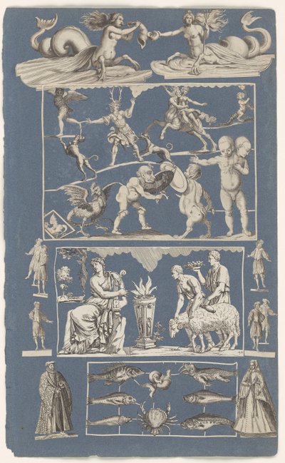 Collage de gravures découpées collées sur une feuille d
