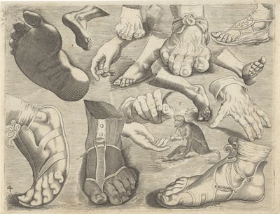 Studieblad met tekenvoorbeelden: handen, voeten en een aapje - Michael Snijders