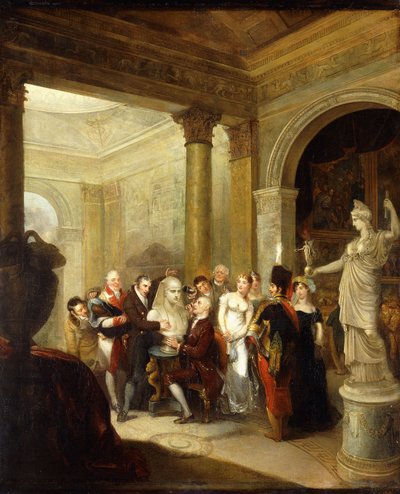 Un intérieur capriccio avec un groupe de dames et de messieurs examinant un buste d