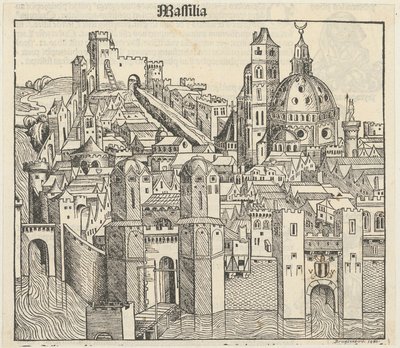 Phantasieansicht der Stadt Marseille [recto], drei Porträts (Phereades, Pythagoras und Sappho) [verso] - Michael Wolgemut