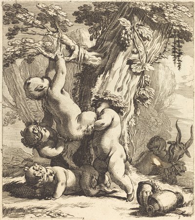 Putti et faunes grimpant sur une vigne - Michel Dorigny