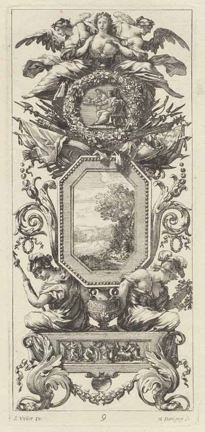 Panneau ornemental surmonté de deux figures s